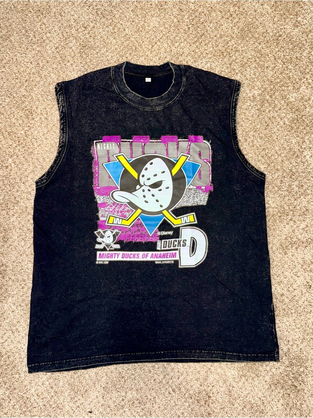 Vintage Anaheim Mighty Ducks Cut Off Sleeveless Graphic T Shirt Acid Wash Black